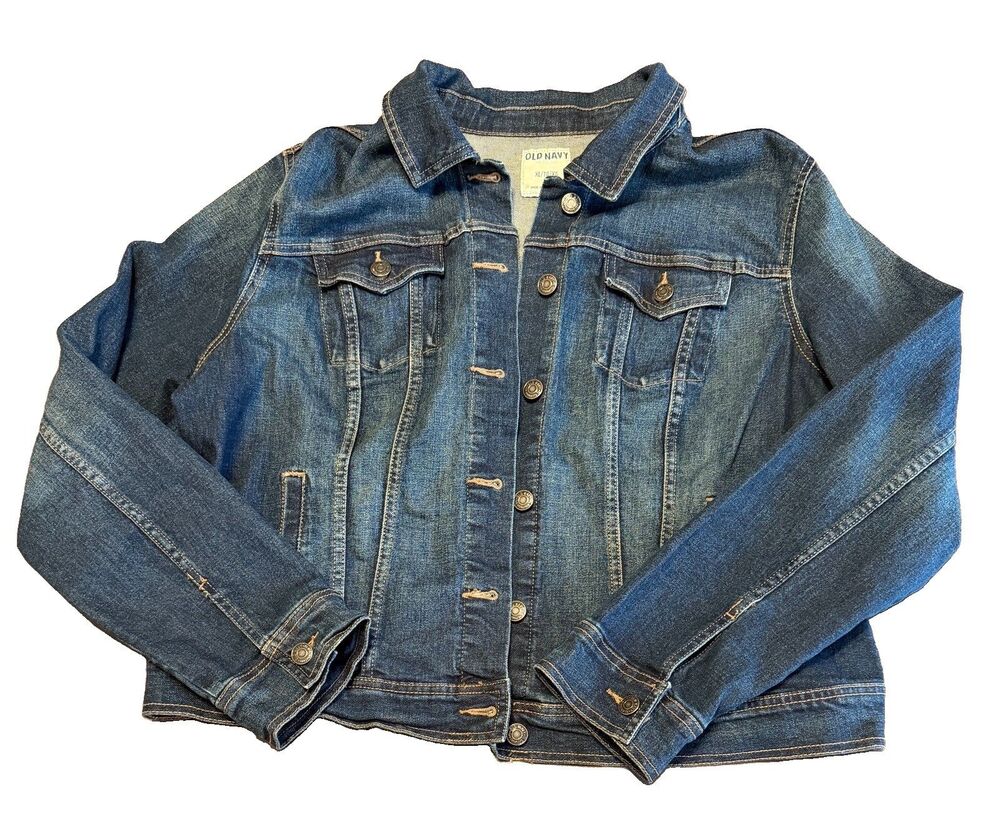 Old Navy Womens XL Jacket Dark Blue Denim Trucker, Slight Crop, Button Up, EUC